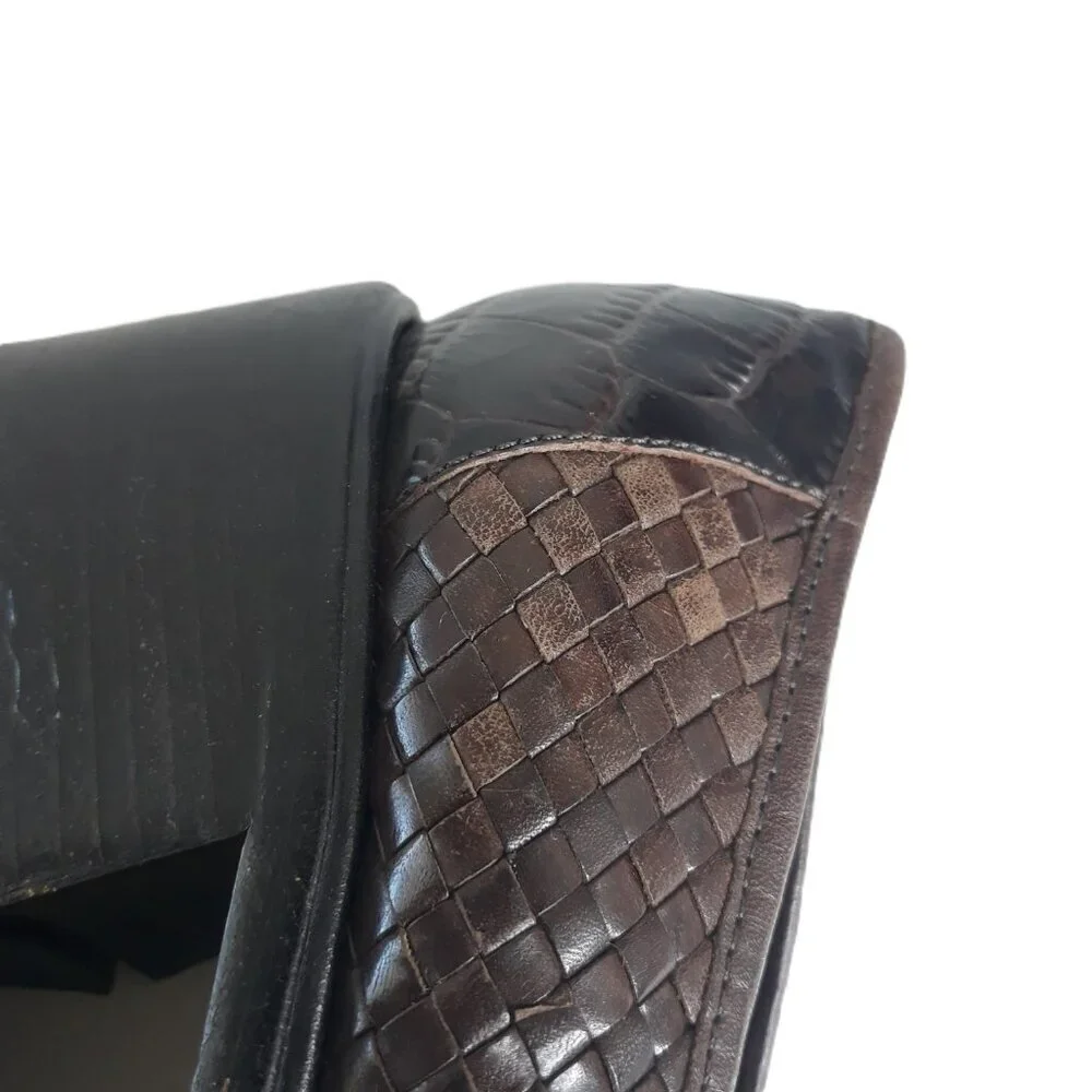 90s Brighton Brown Woven Leather Block Heel Loafers 6.5M